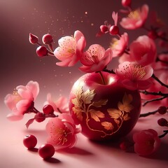 "A captivating red apple adorned with golden touches rests against a soft, pink backdrop. The formation of delicate pink blossoms and the gentle play of light around it exude an aura of enchantment an