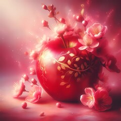"A captivating red apple adorned with golden touches rests against a soft, pink backdrop. The formation of delicate pink blossoms and the gentle play of light around it exude an aura of enchantment an