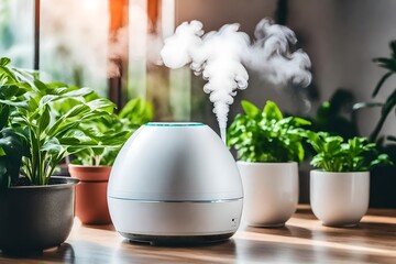 photo an indoor white humidifier with plants around it in the modern house, close up, light red and white, s1000, matte photo, exuberant, green
