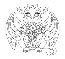 Fairytale dragon with bouquet of flowers. Symbol of Chinese New Year 2024. Fantasy cute dragon drawing contour for coloring book. Coloring page for kids, Vector illustration in cartoon line art style,