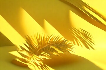 3d render, abstract summer yellow background with tropical leaf shadow and bright sunlight. Minimal