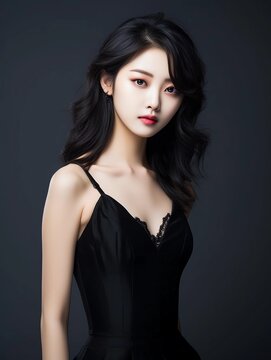 Portrait of young Japanese female beauty model with pure white skin, wearing black velvet dress with slit, sexy pose, glowing skin, studio photo, isolated black background, AI Generative