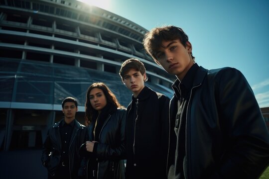 Vibrant 1950s fashion leather jackets, poodle skirts, slicked-back hair capturing essence of iconic rock and roll imagery. rebellion and style reminiscent of an era that reshaped culture and fashion.