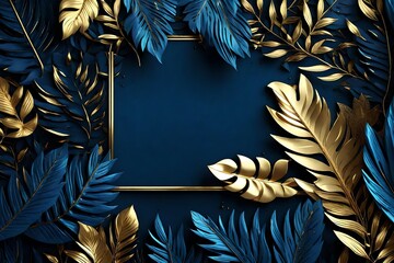 eautiful luxury dark blue textured 3D background frame with golden and blue tropical leaves. AI generate - obrazy, fototapety, plakaty