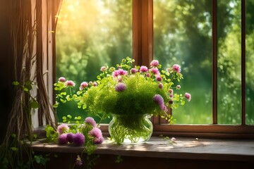  bouquet of wild clover field flowers on a summer window in sunlight outside the city on a background of green foliage of tree - obrazy, fototapety, plakaty