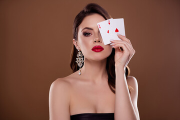 Photo of chic classy lady in poker club hold playing card show winning combination over pastel background