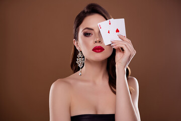Photo of chic classy lady in poker club hold playing card show winning combination over pastel...