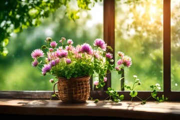  bouquet of wild clover field flowers on a summer window in sunlight outside the city on a background of green foliage of tree