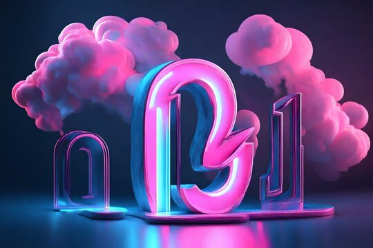 3d render, neon linear number one and colorful cloud glowing with pink blue neon light, abstract fantasy