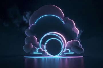 3d render, abstract cloud illuminated with neon light ring on dark night sky. Glowing geometric shape, round - obrazy, fototapety, plakaty
