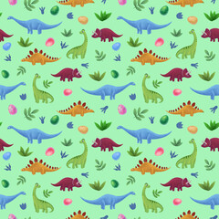 Dinosaurs seamless pattern. Cute dinos, foot prints, eggs and plants  children illustration. Isolated on green background