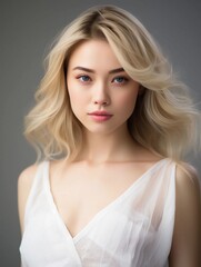 Fototapeta premium Close up of beautiful Japanese woman in feminine dress with blonde hair, isolated background, AI Generative