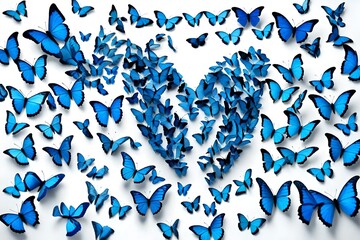 Beautiful symbolic image of love - heart shape made of many bright blue butterflies on white background