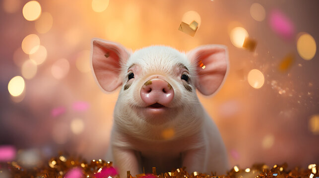 Joyous little pig enjoying a festive celebration with sparkling confetti. This image is perfect for pet supply companies, festive event promotions, and could be used for greeting cards,