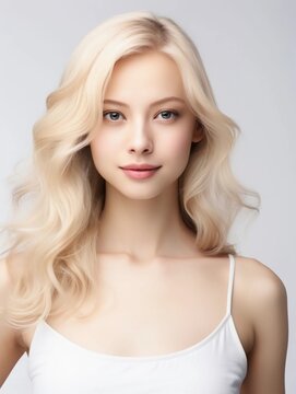 Close up of beautiful Japanese woman in feminine dress with blonde hair, isolated white background, AI Generative