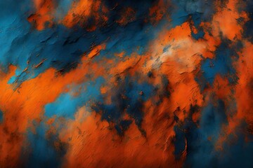 Artistic rendering of plaster background surface with abstract paint job in blue and orange colors