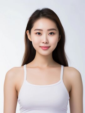 Portrait of young Asian female beauty model wearing tank top with clean white skin, studio photo, isolated white background, AI Generative