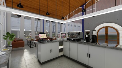 marble table design with coffee equipment on the bar counter and wooden shelves on the rough cement wall. 3d rendering