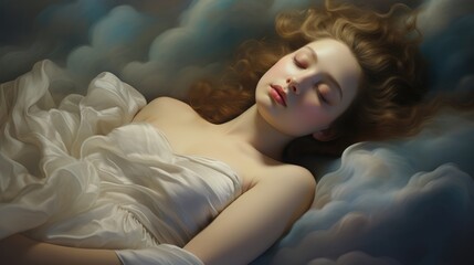 Beautiful young woman sleeping and dreaming like an angel on a white cloud. AI Generated