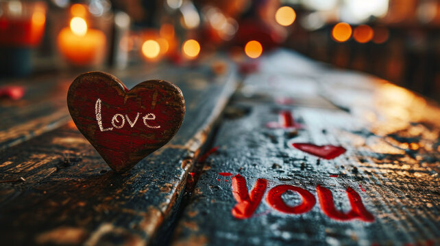 Red heart on an old wooden surface, illuminated by numerous candles. The "Love" text adds a subtle touch of tenderness and passion, creating a warm and romantic ambiance for special moments.