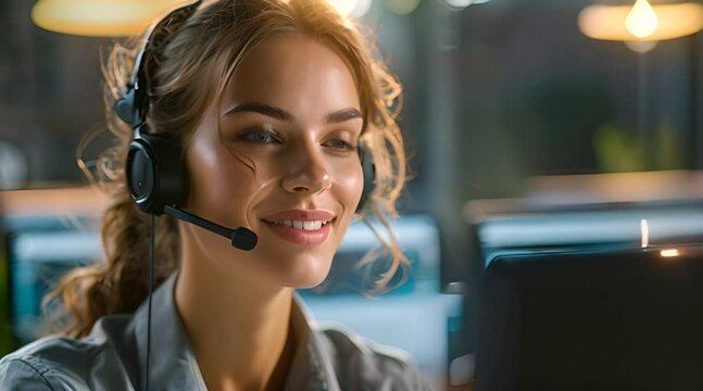 Smiling young female tech support staff have conversations on phone headset, AI