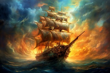 The majestic ship sailing through radiant celestial realms. Generative AI - obrazy, fototapety, plakaty