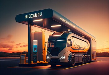 Vehicle pulling up to hydrogen refueling station. Generative AI - obrazy, fototapety, plakaty
