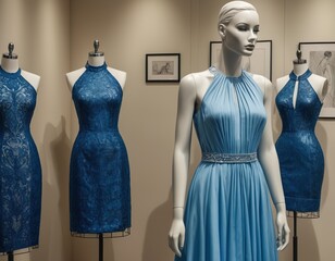 image of fashion designer haute couture dressing place with various pencil sketches on paper and display of blue dress on mannequin.
