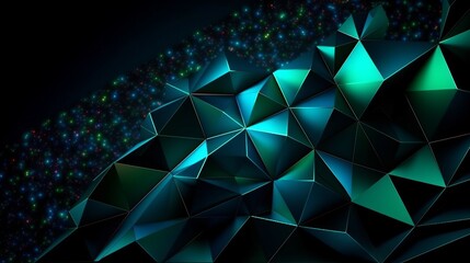Black dark blue green teal cyan petrol jade abstract background. Geometric shape. 3d effect. Line triangle angle polygon wave. Color gradient. Light glow neon flash metal metallic. Design. Futuristic.
