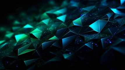 Black dark blue green teal cyan petrol jade abstract background. Geometric shape. 3d effect. Line triangle angle polygon wave. Color gradient. Light glow neon flash metal metallic. Design. Futuristic. - obrazy, fototapety, plakaty