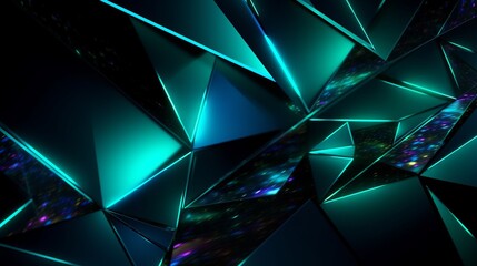 Black dark blue green teal cyan petrol jade abstract background. Geometric shape. 3d effect. Line triangle angle polygon wave. Color gradient. Light glow neon flash metal metallic. Design. Futuristic.