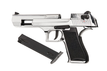 Modern semi-automatic silver pistol isolate on a white background. Short-barreled weapon. Armament for the army and police.