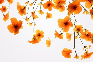 Falling orange flowers on white backdrop. Generative AI