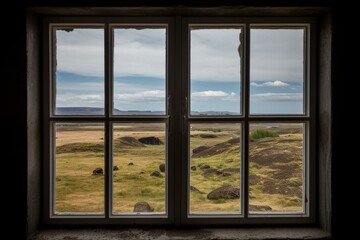Stunning Iceland landscape viewed through a window. Generative AI
