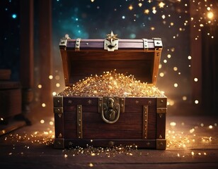Opened Treasure Chest with Glowing Sparkles and Stars. Fantasy background