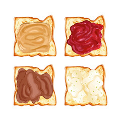 Hand drawn vector illustration of slices toasts with strawberry jam, peanut butter, cream cheese and chocolate