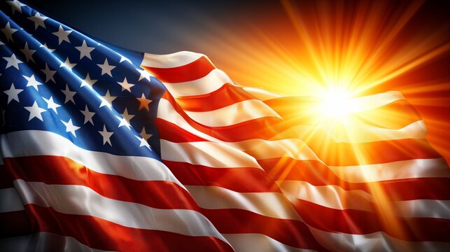 USA flag standing on black background with sun shining on it.