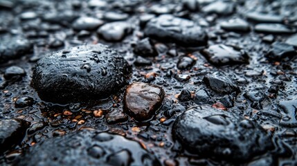 small wet stones and pebbles laying on the beach at a sea ocean. tourism and travel at coast. wallpaper background. Generative AI