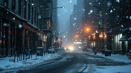 cold snowy winter in new york city usa, beautiful cozy christmas view atmosphere. foggy evening...