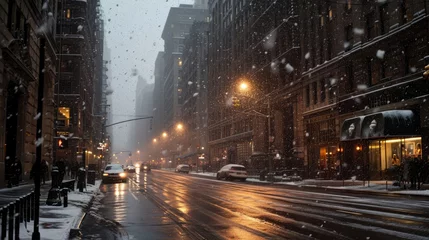 Photo sur Plexiglas Etats Unis cold snowy winter in new york city usa, beautiful cozy christmas view atmosphere. foggy evening with light lanterns. traffic road with cars. wallpaper background 16:9