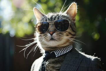 Cat mogul, chic suit, fashionable sunglasses, suburb style.
