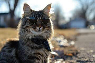 Cat conquering the suburbs, suited up, sunglasses ready, chic dominion.