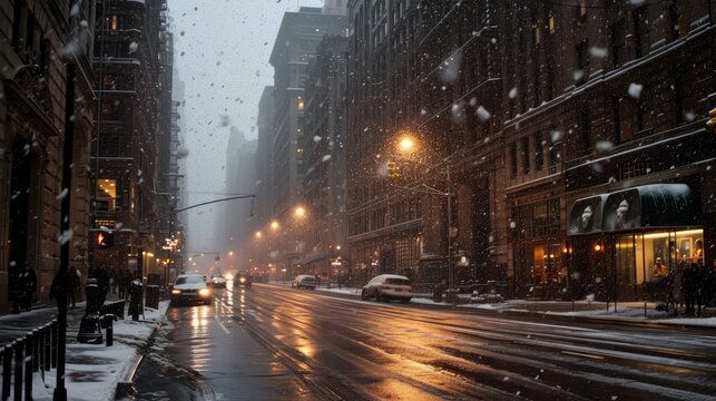 Fototapeta cold snowy winter in new york city usa, beautiful cozy christmas view atmosphere. foggy evening with light lanterns. traffic road with cars. wallpaper background 16:9