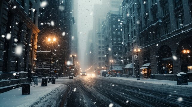 cold snowy winter in new york city usa, beautiful cozy christmas view atmosphere. foggy evening with light lanterns. traffic road with cars. wallpaper background 16:9