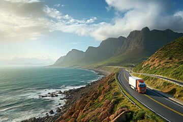 Logistic truck drives coastal route with mountains in backdrop. Generative AI