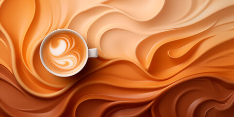 Coffee 3D background, a cup of coffee with latte art on a background of volumetric waves in brown tones - obrazy, fototapety, plakaty