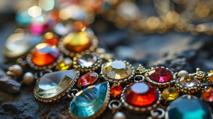 close up of a necklace full of colorful jewels and gemstones. wallpaper background 16:9. Generative AI