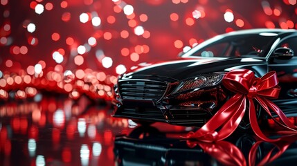 a beautiful expensive luxury black car with red ribbon bow as a gift. wallpaper background. Generative AI