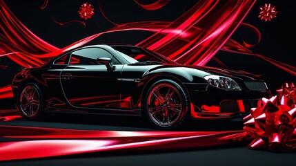 a beautiful expensive luxury black car with red ribbon bow as a gift. wallpaper background....