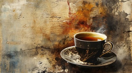 a cup of coffee on vintage grunge background wallpaper. lot of free blank copy space for own text...